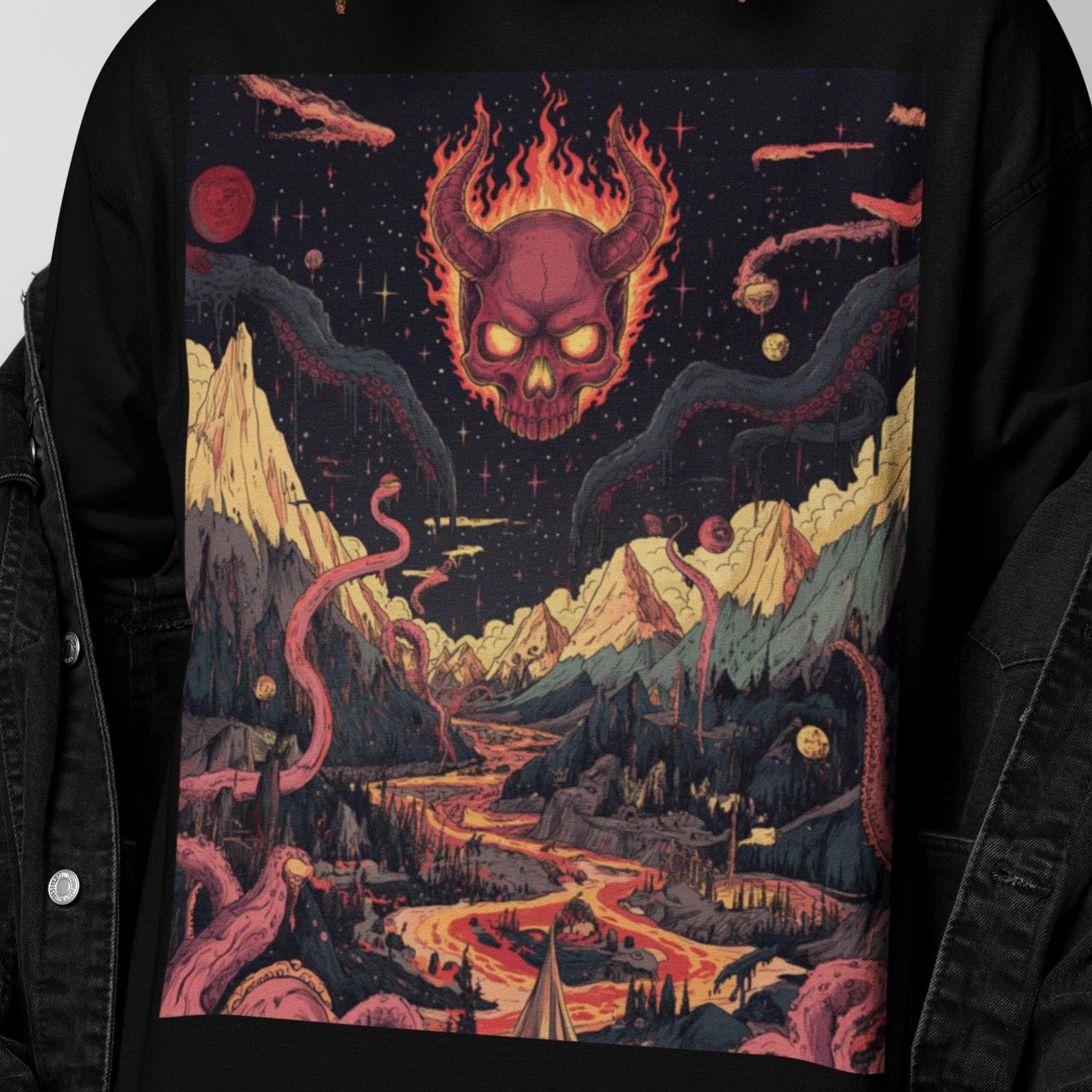 Demon Skull Psychedelic T Shirt | Surreal Cosmic Horror Graphic Tee | Dark Art Gift | Gothic Present S