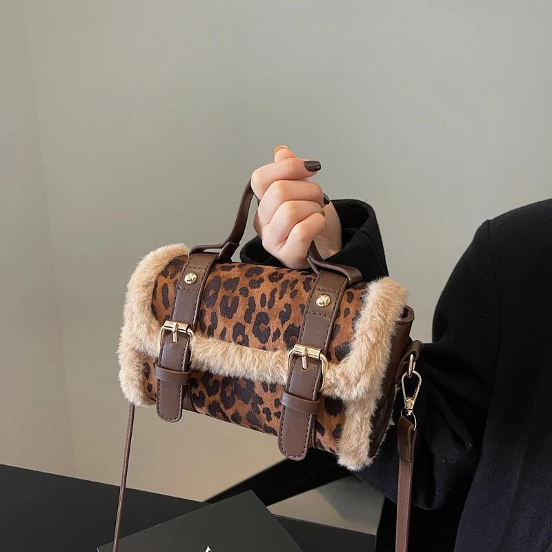 Exquisite Faux Leopard Suede Boston Shoulder Bags High Quality Sense of Luxury Designer New Style Bags