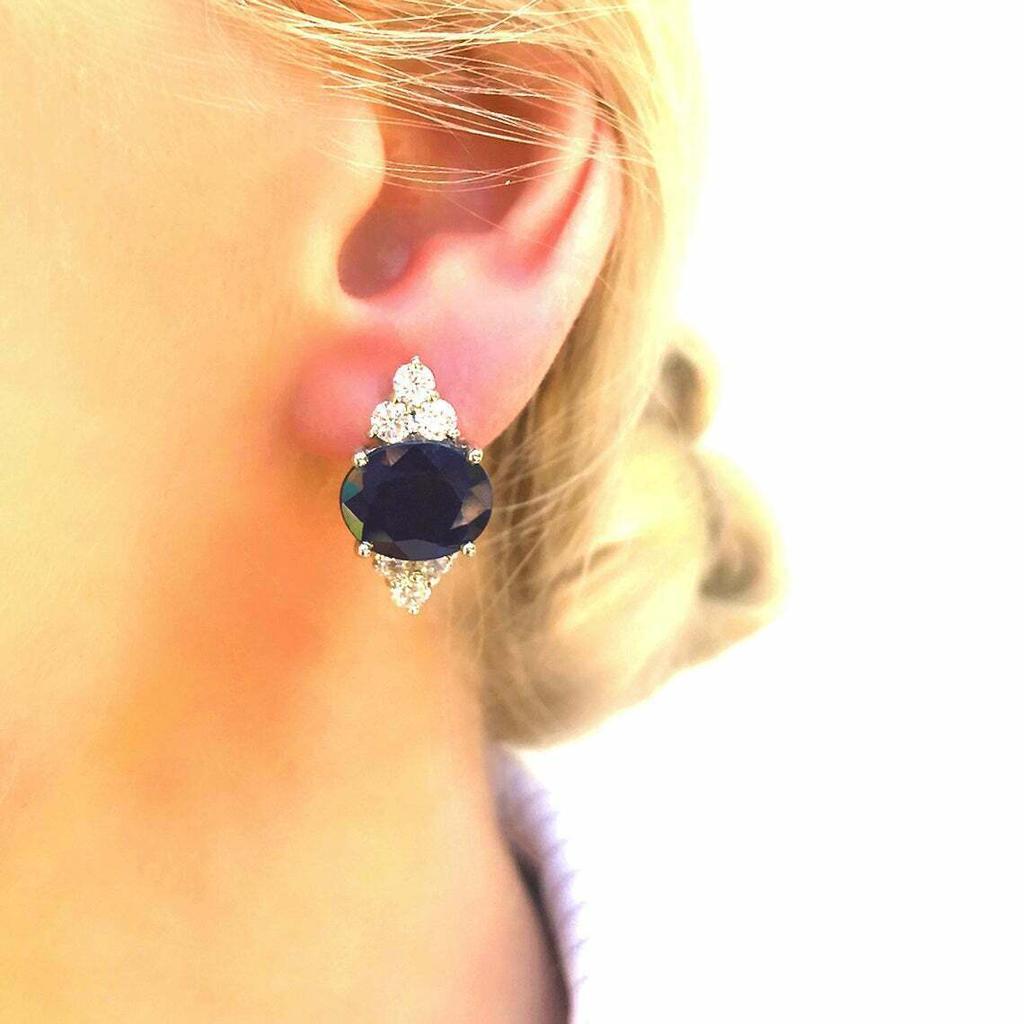 Genuine Large Blue Sapphire Oval Silver Stud Earrings Sterling Silver Jewelry