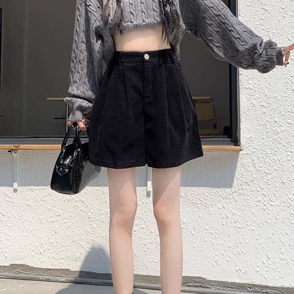 High Waist Women Corduroy Shorts Stripe Loose Streetwear Ins Wide Leg Short Pants  Beachwear