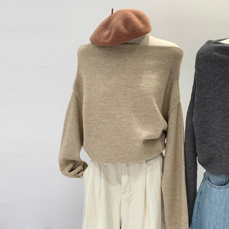 Women's French One-Shoulder Knit Top - Autumn/Winter 2024 Slim Off-Shoulder Sweater