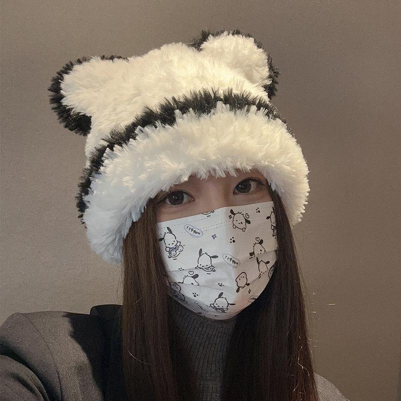 Plush hat female winter cute bear ears striped contrasting color new sweet contrasting color knitted wool hat