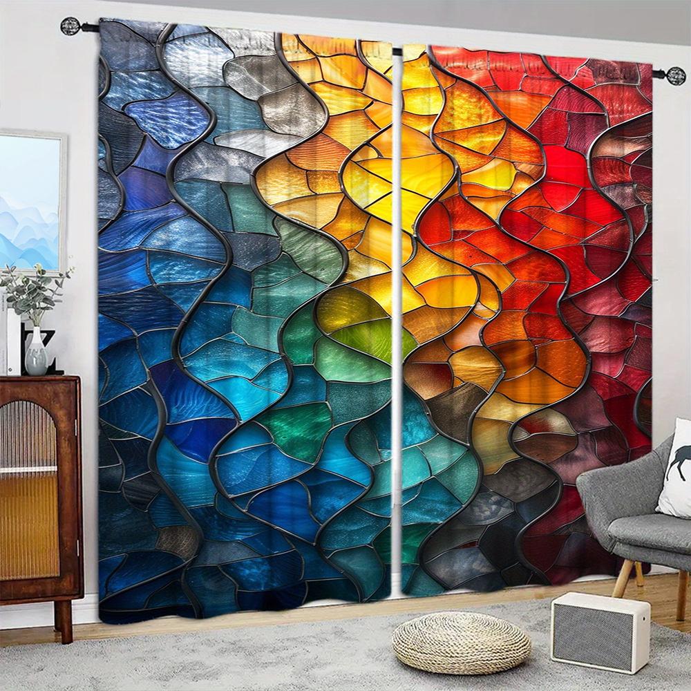 

2pcs Colored Glass Printed Curtain for Home Decor - Rod Pocket Window Treatment for Bedroom, Office, Kitchen, Living Room 52.5cmX116cm X 2pcs