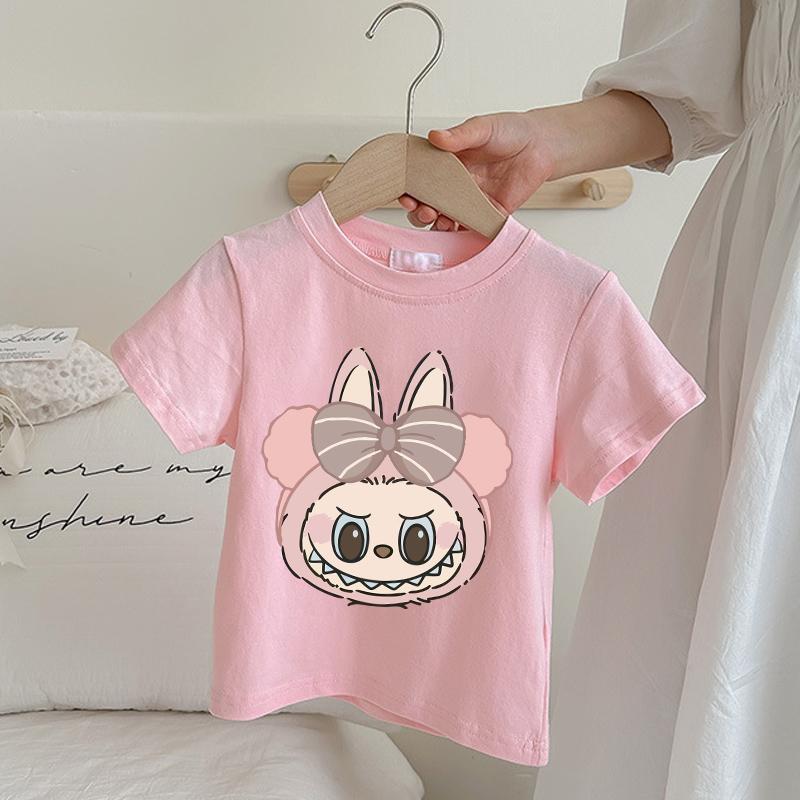 Labubu Children's Pink T-shirt Cartoon Anime Summer Short Sleeved Girl Fashion Cute Top