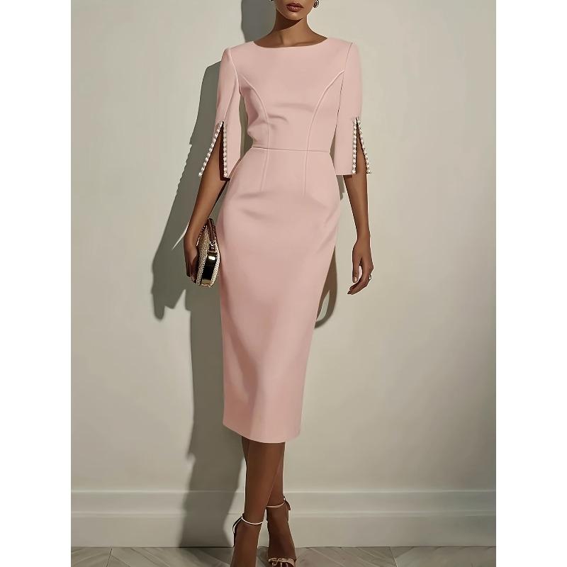 Women's Round Neck Pearl Split 3/4 Sleeve Bodycon Midi Dress Elegant Solid Color Formal Party Dress
