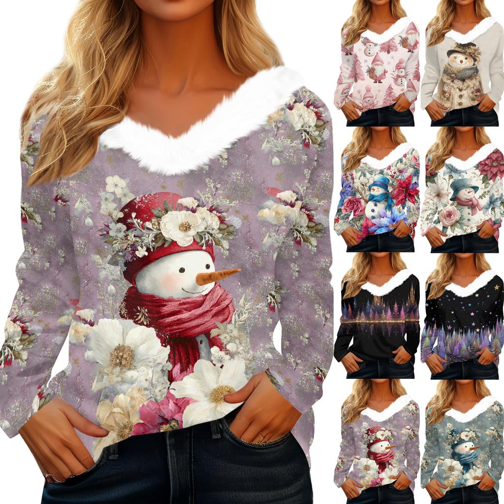 Long Sleeve Shirts For Women Cute Tops Christmas Prints Tees Blouses Casual Plus Size Basic Tops Pullover