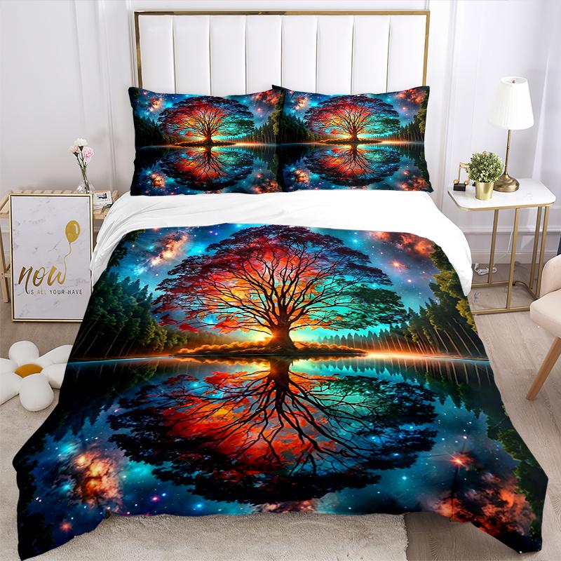 3pcs The Enchanted Tree in a Dreamlike Forest Pattern Bedding Set, 1* Cover + 2*Pillowcases, Printed Bedding Set, Soft