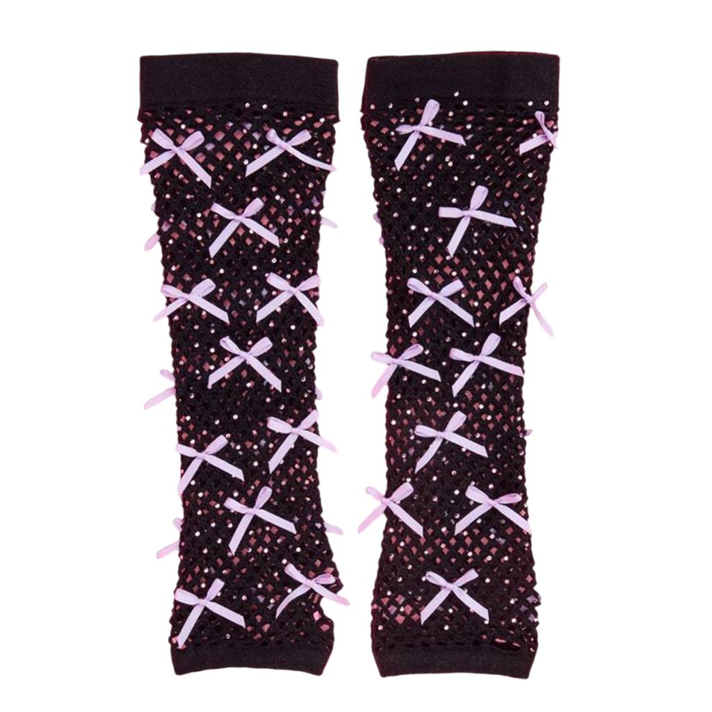 Vintage Mesh Fingerless Gloves with Rhinestones and Bowtie for Women Various Parties and Music Festival Handwear