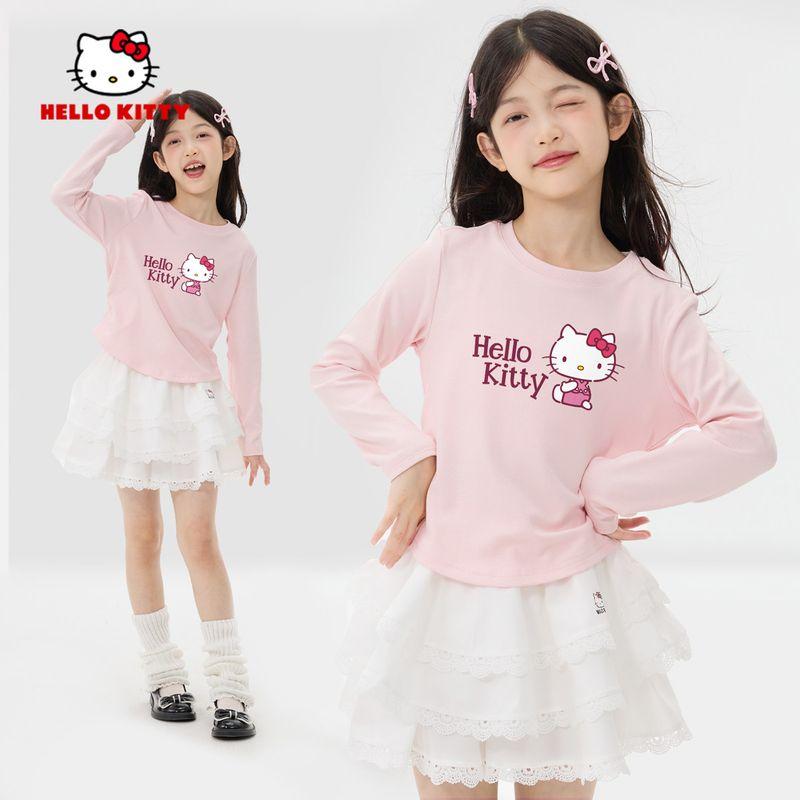 Hello Kitty Girls' Autumn Outfit Set, Stylish Children's Autumn Clothes, Long-Sleeved T-Shirt and Skirt for Older Girls, Trendy