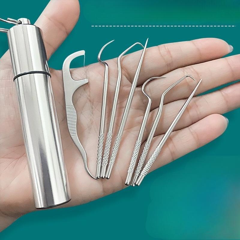 6Pcs/set304 Stainless Steel Portable Toothpick Interdental Crochet Set Tooth Picking Stuffing Artifact Portable Floss Needle Cleaning
