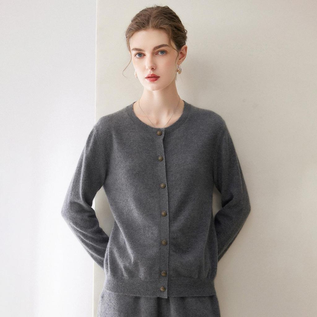 Women's 2026 Autumn/Winter Pure Cashmere Round Neck Cardigan - Single-Breasted, Commuter Style Sweater Jacket