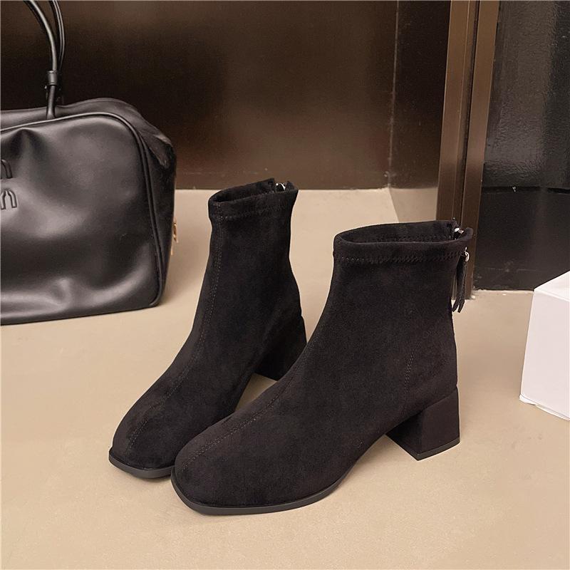 High-heeled brown Martin boots for women's 2025 spring and autumn new super-fire elastic thin boots French thick-heeled small short boots