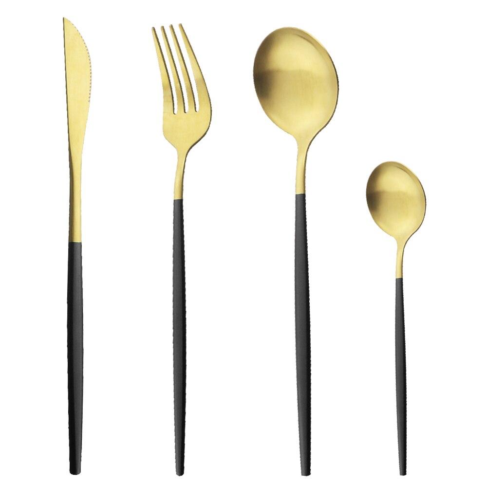Schwarz 4 Stück Abendessen Edelstahl Gold Matt Geschirrset Messer Gabel Teelöffel Besteckset Küchentischgeschirr Besteckset