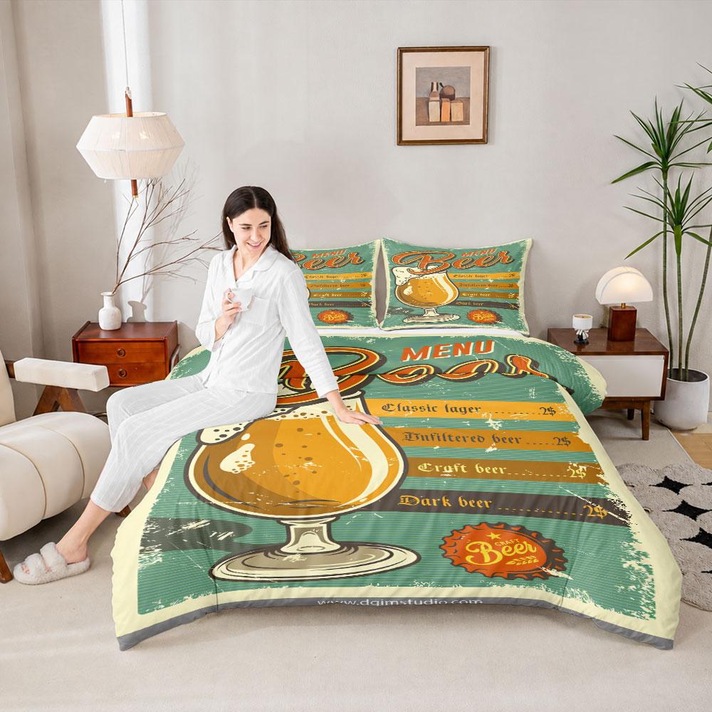 Decorative Vintage Beer Menu Glass Poster Green Duvet Cover with Pillowcases, Simple Elegance Duvet Cover Set