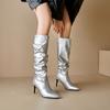 Black Silver Slouch Boots Women's Tall Boots Knee High Stiletto Soft PU Thin High Heels Shoes