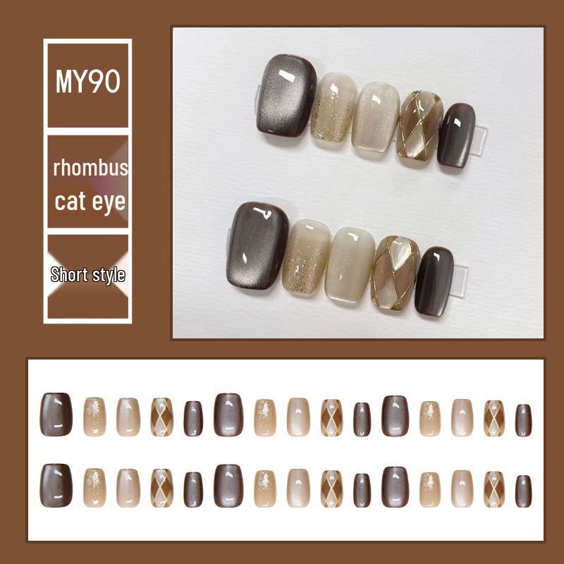 

Rhombus Grid Cat Eye Crushed Flash Short Retro Nails - 30 Piece Set