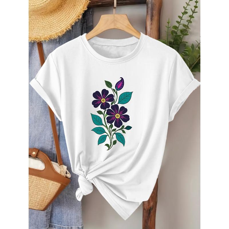 Elegant Short-Sleeve Women S T-Shirt with Artistic Botanical Prints, Suitable for Spring, Summer, And Autumn. A Stylish And Versatile Top S