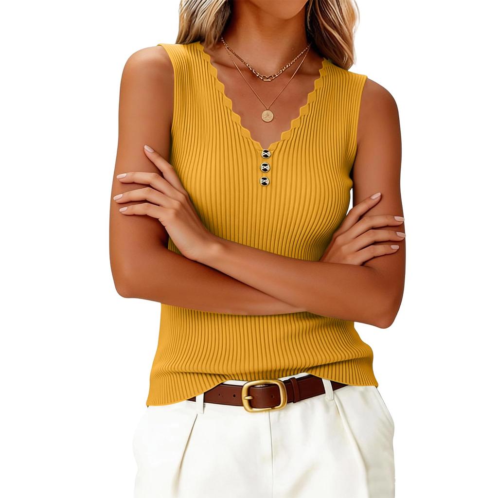 Sleeveless Ribbed Knit Top for Women V Neck Scalloped Button Fitted Pullover Tank Blouse Shirt