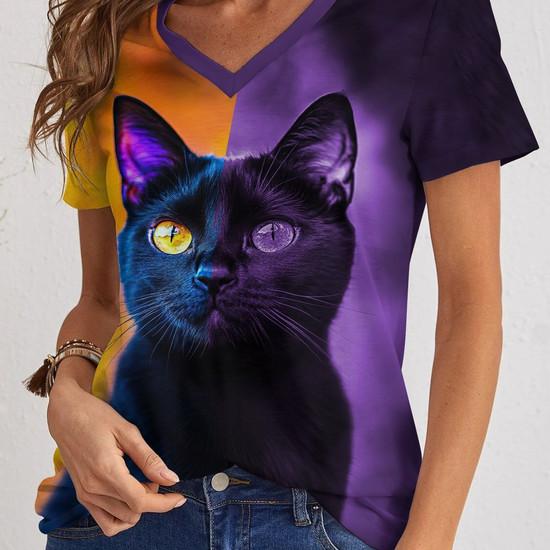 Cute Kitten T-Shirts Cat 3D Print Summer Women's Casual Short Sleeve V-Neck T Shirt Top Y2k Harajuku Tees Female Street Clothing