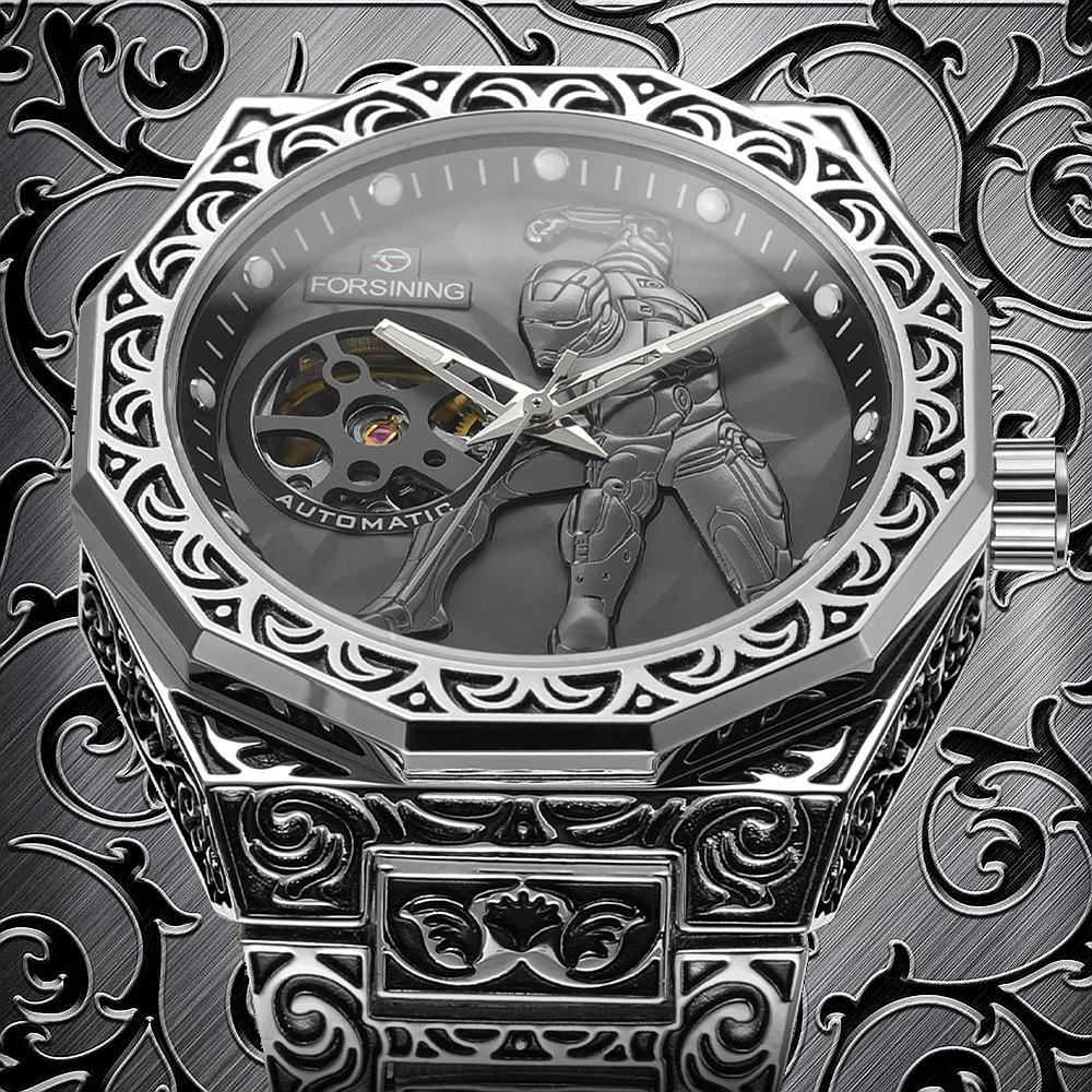 

Механические часы Royal Knight с полым механизмом, мужские ретро-часы из нержавеющей стали, модные и персонализированные часы с ночной подсветкой серебряный/серый