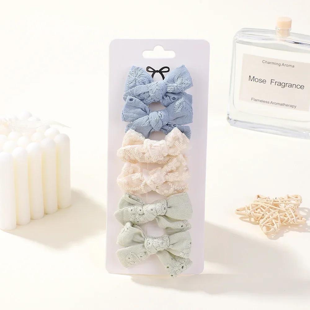 6pcs/set Mini Bow Baby Solid Bowknot Hair Clips Girl Cotton Print Hollow Hairpin Children Sweet Hairgripe Kids Hair Accessories