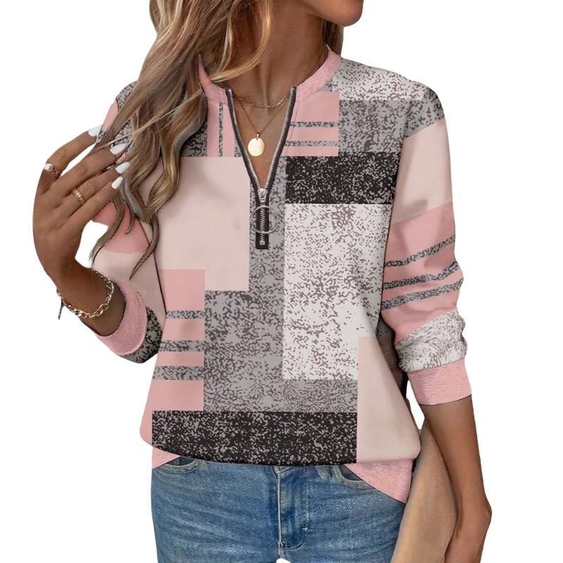 Women's color-blocked striped print shirt, half-zip, round neck, long-sleeved casual pullover top with waist belt