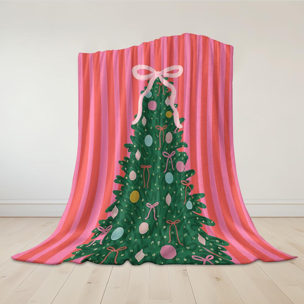 Red Striped Christmas Tree Flannel Blanket Warm Soft Halloween Christmas Couch Warm Cozy Decorative Decor Gift For All Season