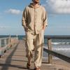 Men's Spring   Casual Linen Beach Hooded Shirt Long-sleeved Trousers Suit