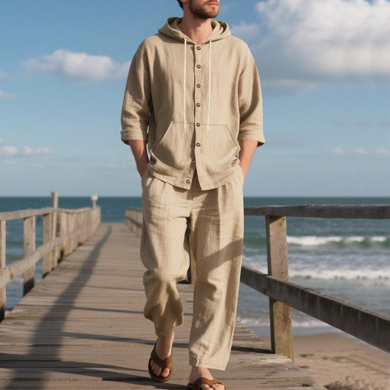 Men's Spring Casual Linen Beach Hooded Shirt Long-sleeved Trousers Suit