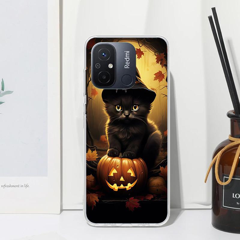 Black Kitten Halloween Pumpkin Phone Case For Xiaomi Redmi 12C 12 10C 10A 10 9C 9A 9T 9 8A 8 7A 7 6A 6 Pro K70 K40 K20 Fundas Ba