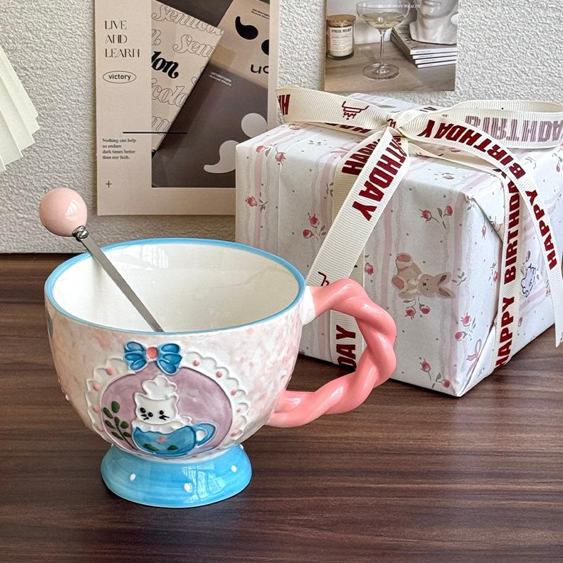 High-value underglaze color relief breakfast oat cup girls large-capacity ceramic mug birthday gift souvenir