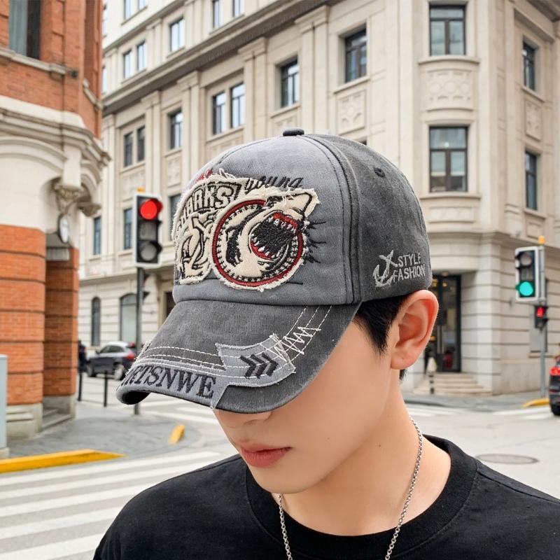 Water Scrubbing Jeans Baseball Cap With Embroidered Shark Design Adjustable Hat Circumference For Men And Women