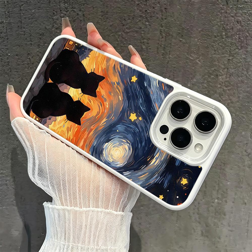 Oil Painting Black Cat  Hard Case For Iphone 17 16 15 14 13 12 11 Pro Max Air Protective Shockproof Coque Phone Cover