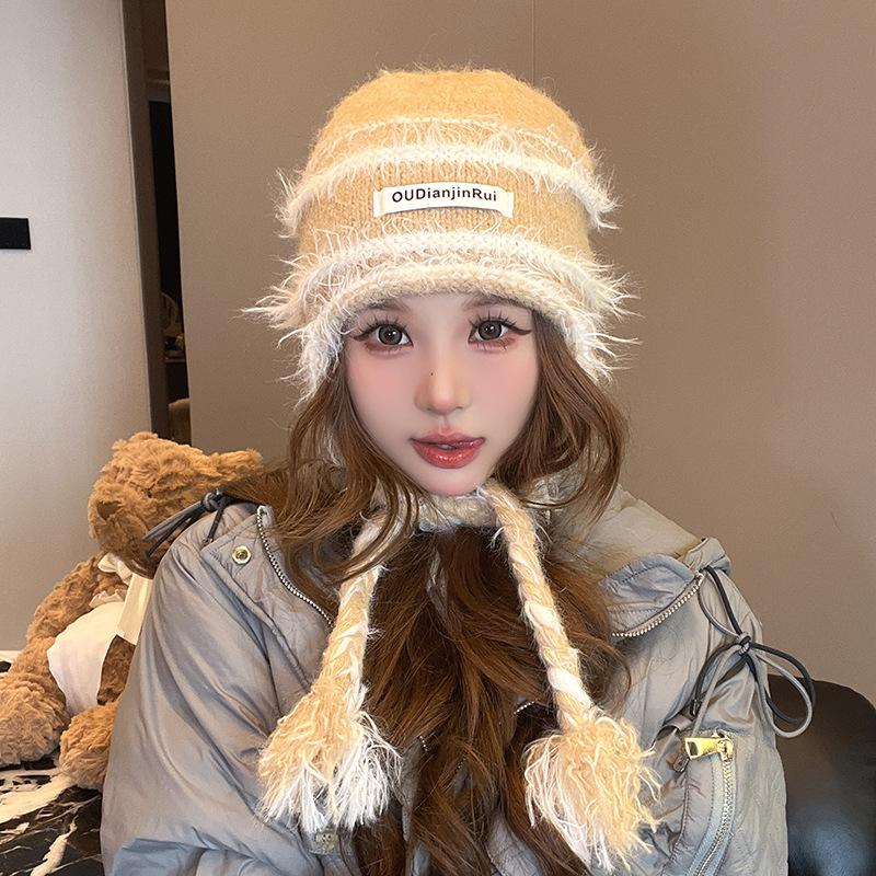 Warm Plush Hat for Women's Tassel Ear Protection Knitted Hat Outdoor Cold Protection Versatile Cold Hat Showing Face Small Wool Hat