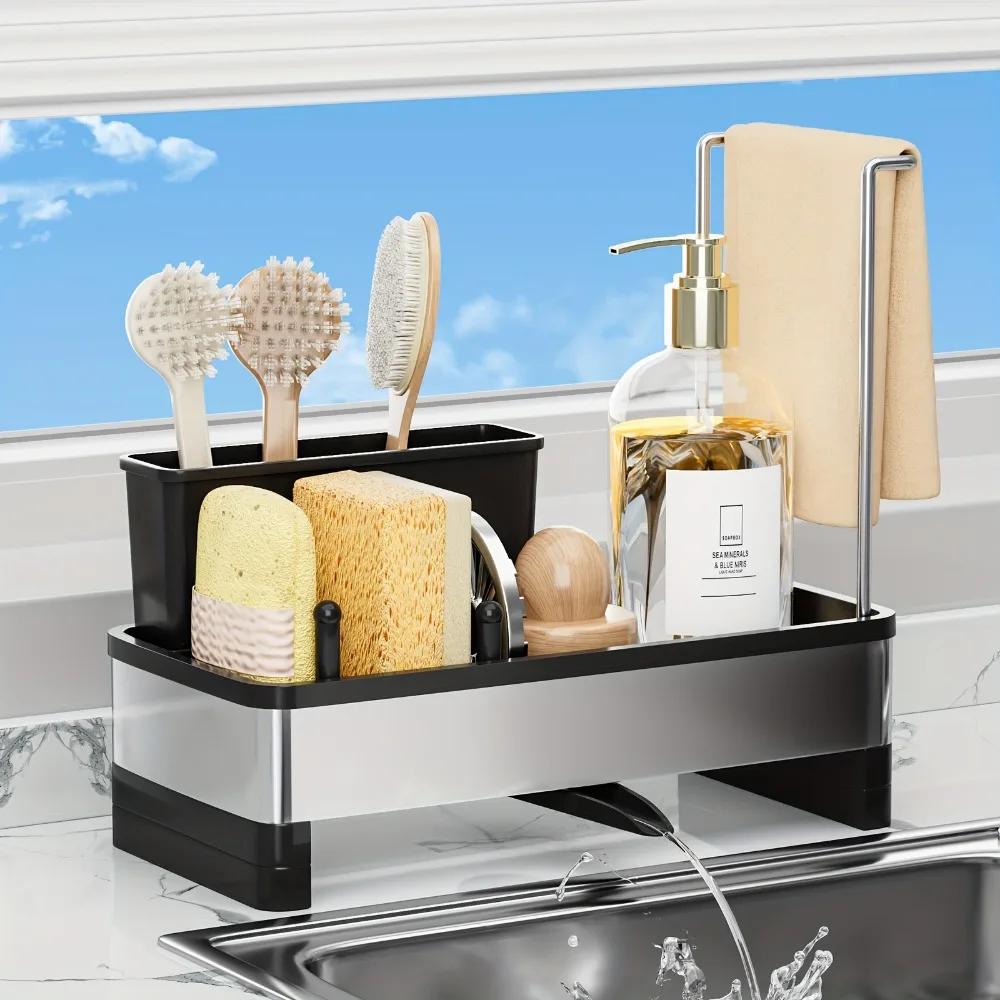 

Stainless Steel Sponge Rack with Drain Multi-Functional Kitchen Bath Storage Organizer for Cleaning Supplies Towels Brushes чорний