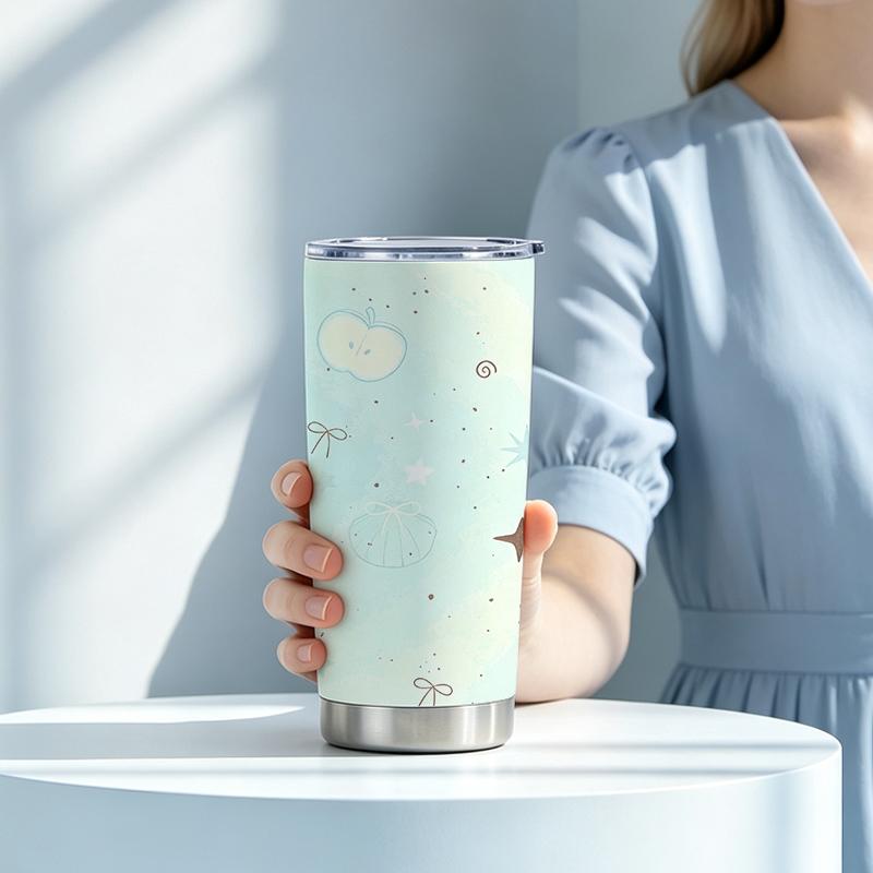 Car Tumbler 591ml(1 Random Straw Included)Star Bow Apple MotifCommuter Cup Vacuum Insulated Cup Outdoor Portable Cup 591ml Car Tumbler