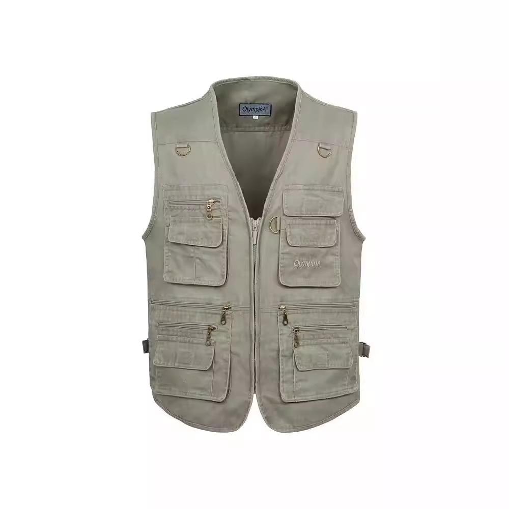 Pánská pracovní vesta bez rukávů s více kapsami, ležérní užitková vesta v béžové, armádní zelené, tmavě šedé, khaki, námořnické modré, velikosti XL-10XL