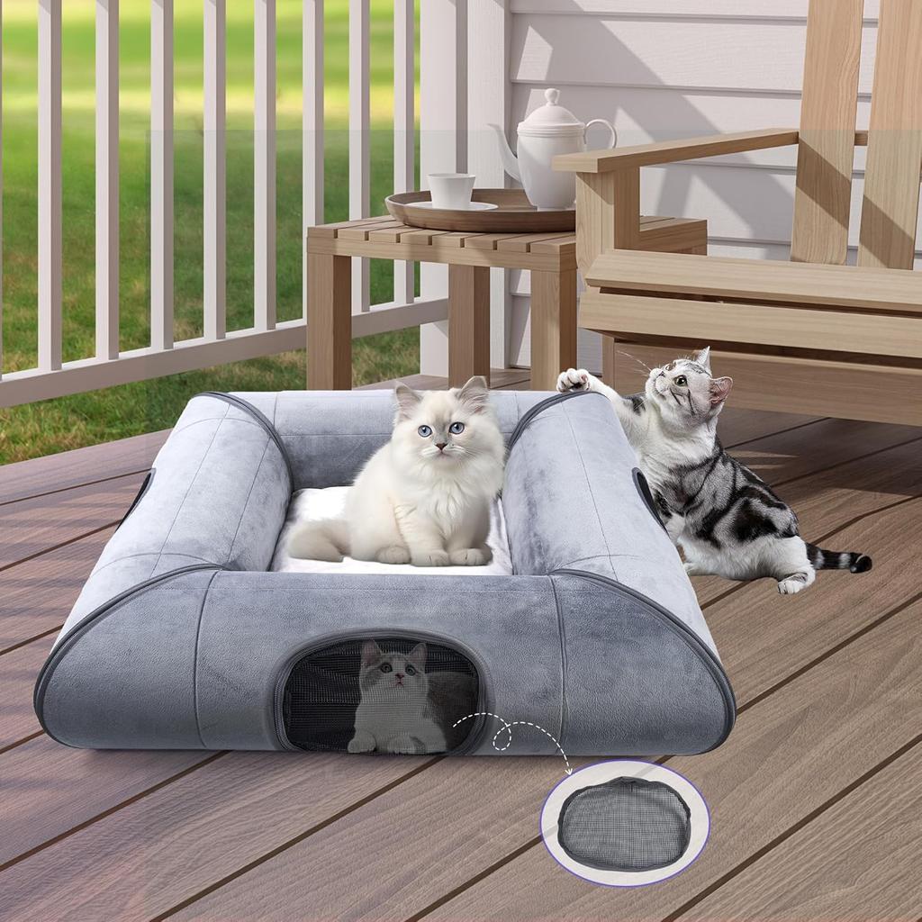 Indoor Cat Cave Bed, Scratch-Resistant Tunnel with Removable Pad, Gray, for Small To Medium Cats