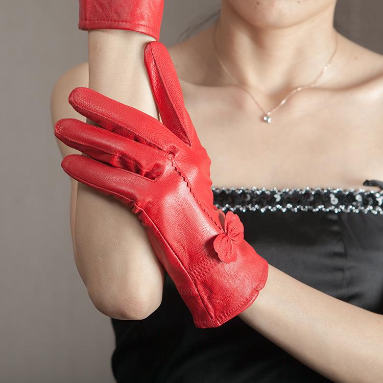 

Женские зимние кожаные перчатки с бантом: Перчатки для велоспорта из плотного бархата, ветрозащитные, водонепроницаемые, теплые ярко-красный
