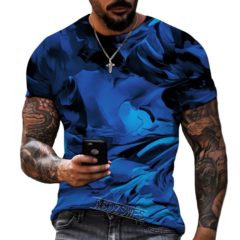 Blue And Black Color Mix And Match 3D Printing Men's Round Neck T-shirt Lycra Polyester Fabric Casual Brand Clothing Oversized