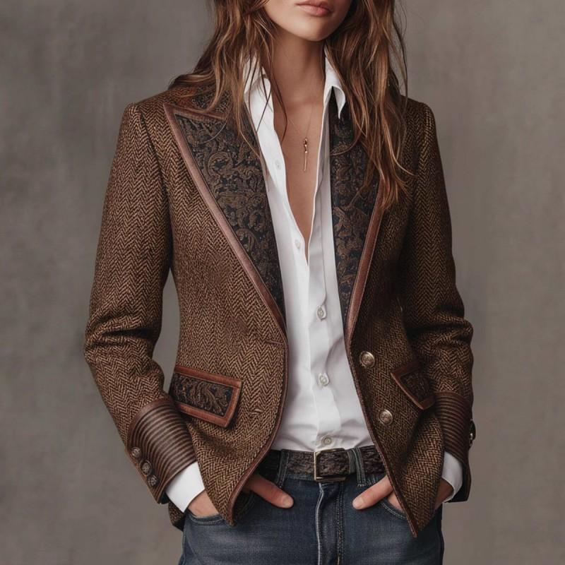French Vintage Contrast Color Blazer Collar Wool Coat Elegant Thick Winter Womens Outerwear