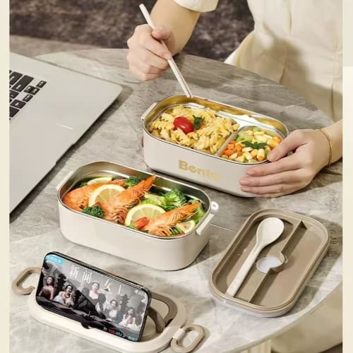 Nishida Stainless Steel Insulated Lunch Box, Leak-Proof, with Handle, Carry-Around Bag, Includes Chopsticks and Spoon (Brown, 2 Tiers)