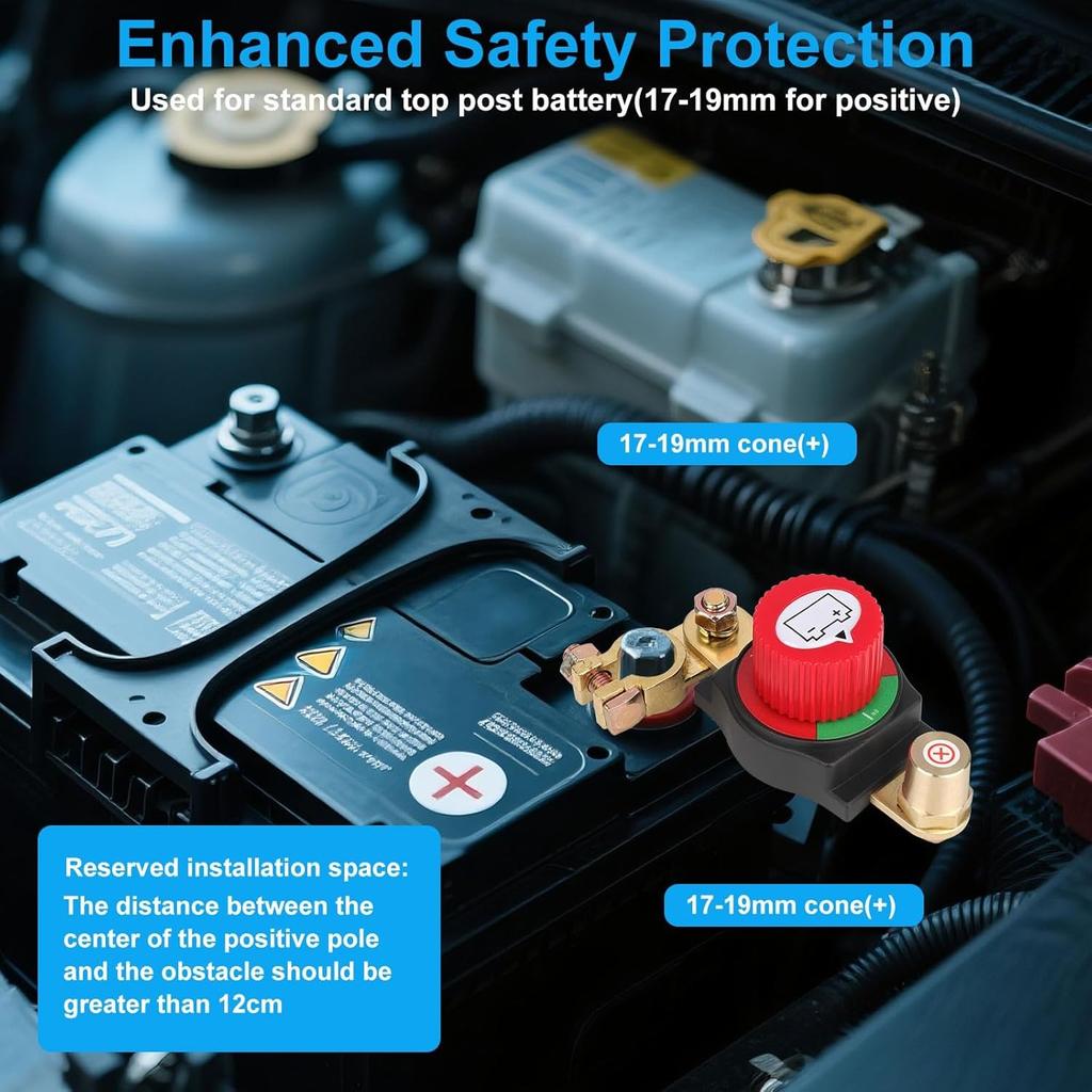 Top Post Battery Disconnect Switch, Positive Heavy Duty 12V 48V Waterproof Master Power Cut Off Isolator, On/Off Battery Switch Brass Terminals