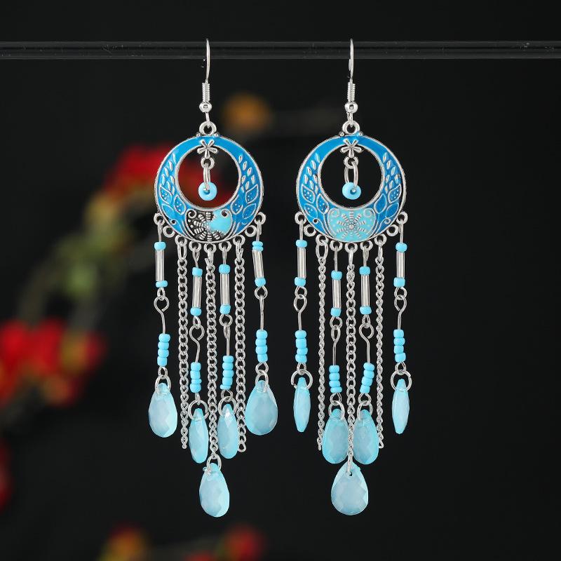 Bohemian long fringed earrings retro medium enamel color beaded niche design earrings women