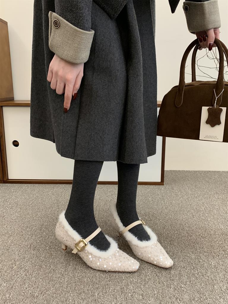 Fashion Fashion Sequin Bling Ladies High Heels Elegant Pointed Toe Thin Heel Mules Women Warm Fur Pumps French Elegant Dress Boat Shoes