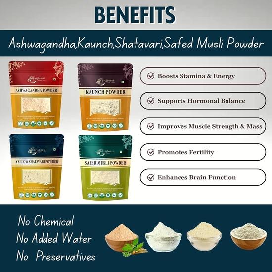 Birju Mahavir Combo Pack of Safed Musli Ashwagandha Kaunch Shatavari 100 Each, Multi-colored, Powder, 400 Gram