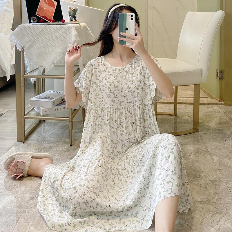 1011 new nightdress full cotton silk three-section short-sleeved long dress home round neck flower cartoon skirt enlarged and loose