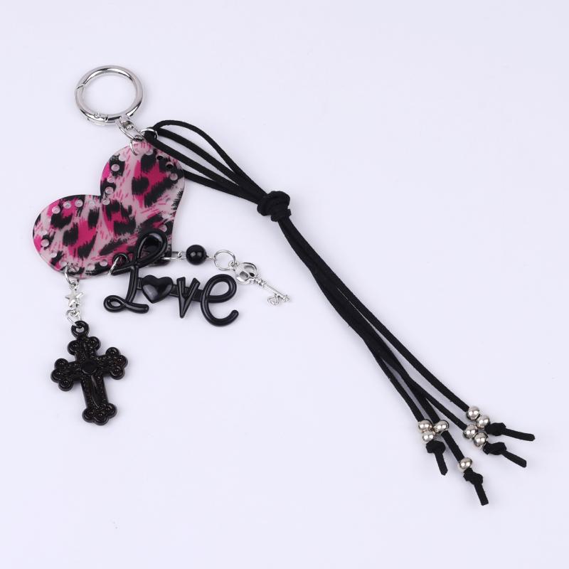 

Y2K Leopard Print Love Keychain Vintage Letter Cross Keyring Trendy Bag Pendant Key Hanging Decoration Gifts