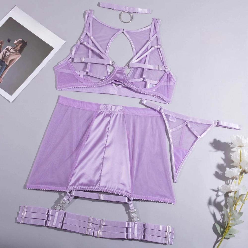 Sexy Lingerie Sets Black Leather Mesh Bandage Erotic Costumes Fancy Underwear Transparent Bra Thongs Skirts Garters Sex Outfits