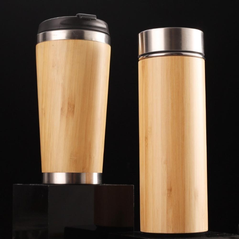 401-500ml Stainless Steel and Bamboo Travel Mug Portable Handle Office Cup Vacuum Coffee Cup